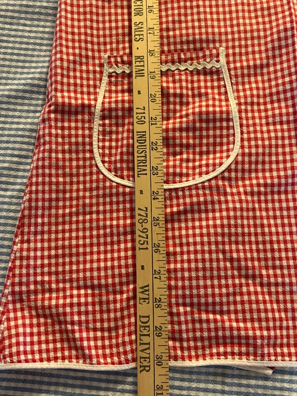 Red Gingham Checkered Apron with Pockets Button Back Closure Handmade Kitchen